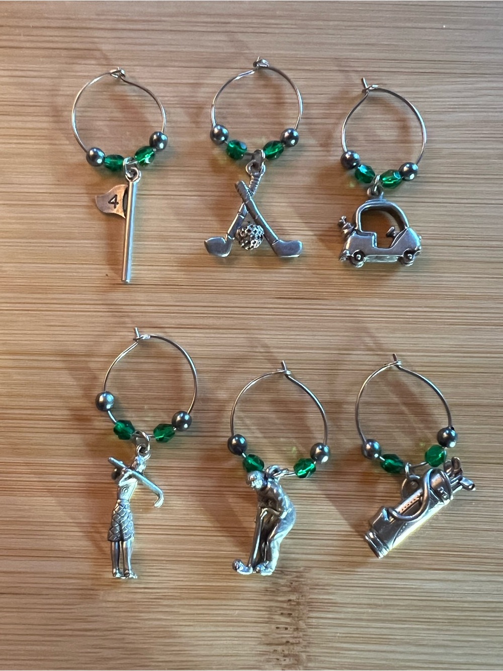 Golf Wine Glass Charms Set of 6 Green Beaded Golfers Cart Clubs Drink Markers